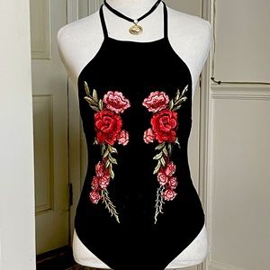 Sheer Black Halter Bodysuit with Red Rose Embroidered Appliqué